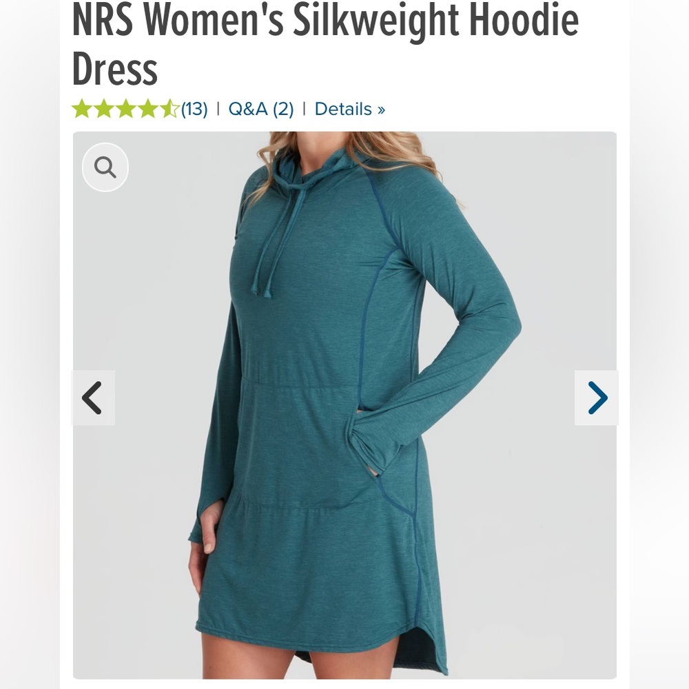NEW NRS Women's Teal Silkweight Hoodie Dress - Sun Protection 50 UPF - size L